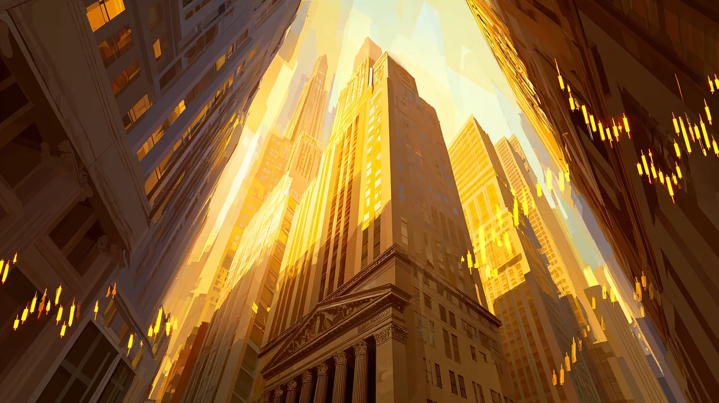 Stylized cityscape with financial symbols representing Wall Street and fintech